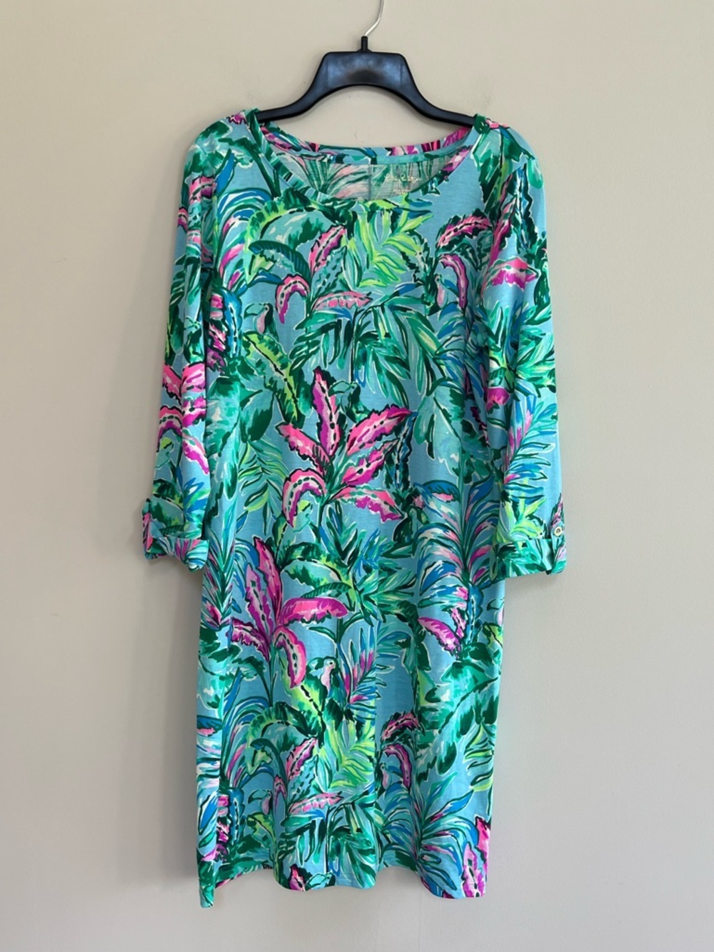 Lilly Pulitzer Linden 3/4 Sleeve Pima Cotton Shift Dress Blue Green Trees, sz L